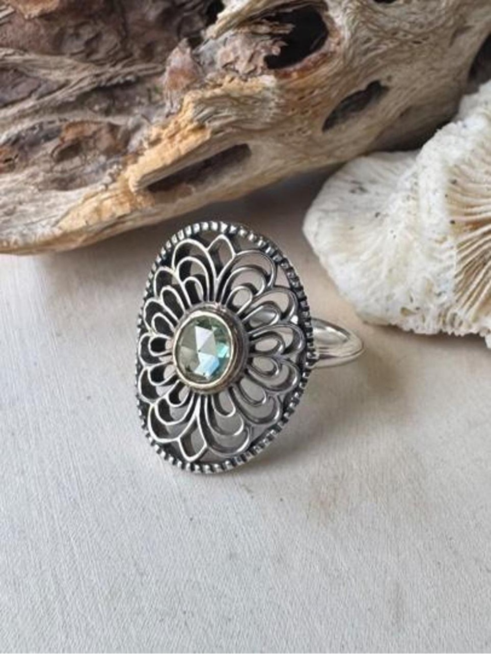 Retired Pandora Allure Sterling Silver 14K Gold Green Spinel Ring Size 8.25